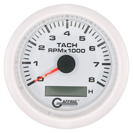 GAFFRIG 3 3/8 INCH ELECTRIC TACH/HOUR METER 6000, 8000, 10000 RPM WHITE 8000 / FAT RIM (338) / WHITE