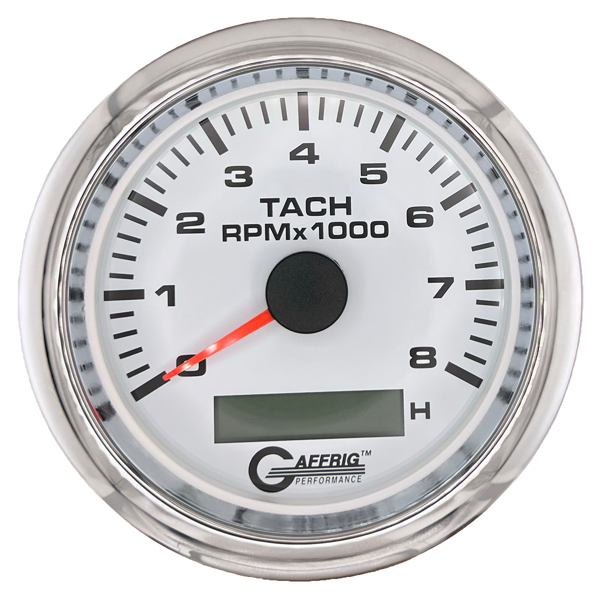 GAFFRIG 3 3/8 INCH ELECTRIC TACH/HOUR METER 6000, 8000, 10000 RPM WHITE 8000 / FAT RIM (338) / CHROME/POLISHED