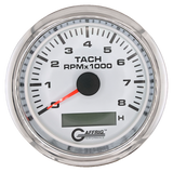 GAFFRIG 3 3/8 INCH ELECTRIC TACH/HOUR METER 6000, 8000, 10000 RPM WHITE 8000 / FAT RIM (338) / CHROME/POLISHED