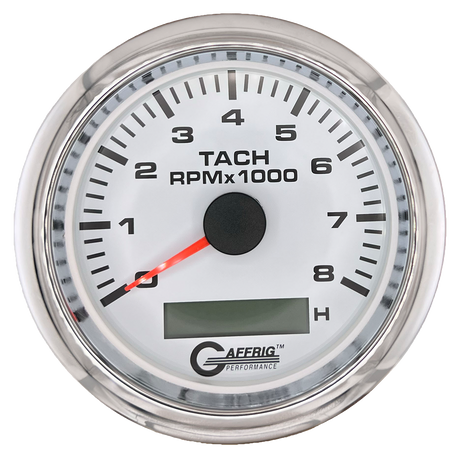 GAFFRIG 3 3/8 INCH ELECTRIC TACH/HOUR METER 6000, 8000, 10000 RPM WHITE 8000 / FAT RIM (338) / CHROME/POLISHED