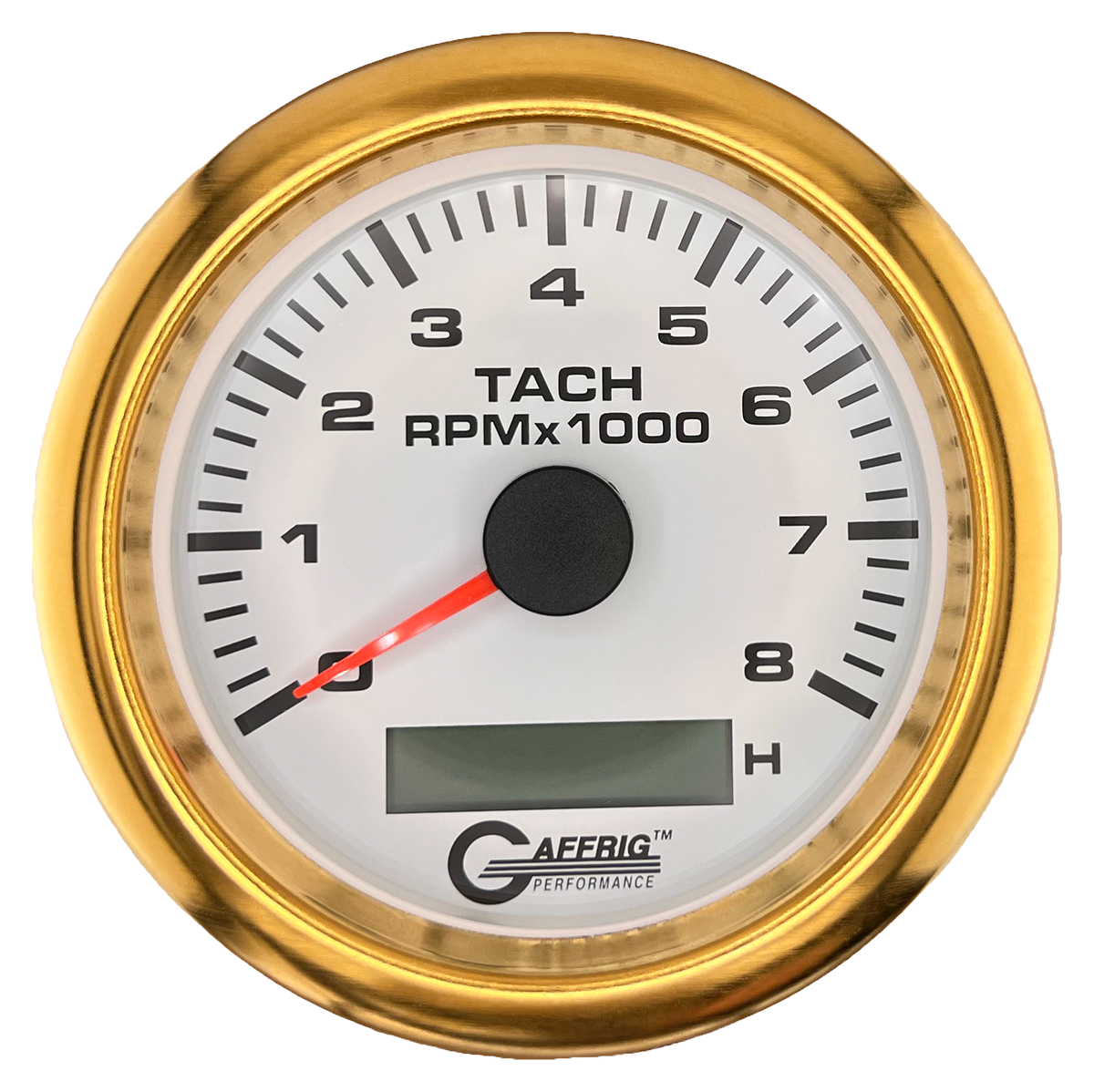 GAFFRIG 3 3/8 INCH ELECTRIC TACH/HOUR METER 6000, 8000, 10000 RPM WHITE 8000 / FAT RIM (338) / GOLD