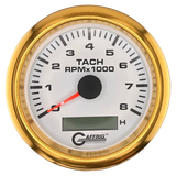 GAFFRIG 3 3/8 INCH ELECTRIC TACH/HOUR METER 6000, 8000, 10000 RPM WHITE 8000 / FAT RIM (338) / GOLD