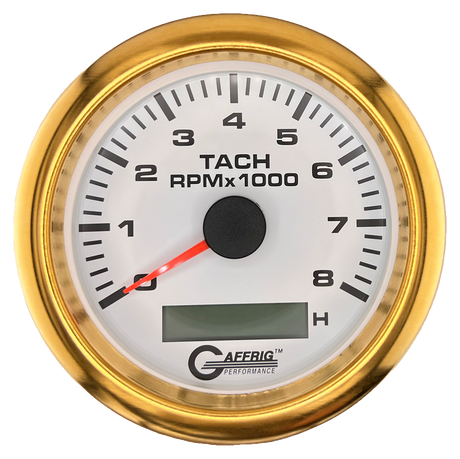 GAFFRIG 3 3/8 INCH ELECTRIC TACH/HOUR METER 6000, 8000, 10000 RPM WHITE 8000 / FAT RIM (338) / GOLD