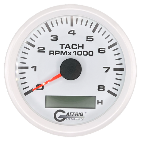 GAFFRIG 3 3/8 INCH ELECTRIC TACH/HOUR METER 6000, 8000, 10000 RPM WHITE 8000 / STEP RIM (008) / WHITE