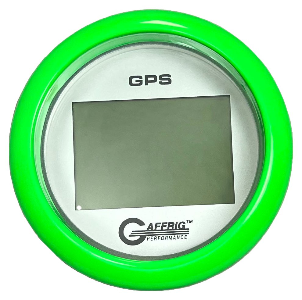 GAFFRIG 3 3/8 INCH DIGITAL GPS GAUGE 999 MPH KIT PLATINUM / FAT RIM / LIME GREEN