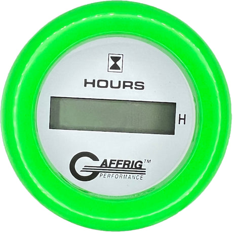 GAFFRIG 2 INCH ELECTRIC ENGINE HOUR METER FAT RIM (218) / LIME GREEN / WHITE