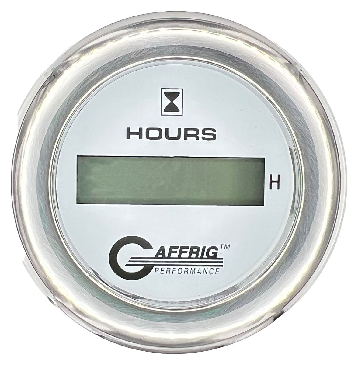 GAFFRIG 2 INCH ELECTRIC ENGINE HOUR METER FAT RIM (218) / CHROME/POLISHED / WHITE