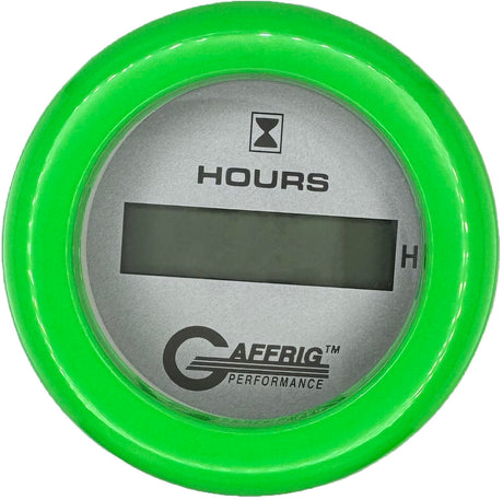 GAFFRIG 2 INCH ELECTRIC ENGINE HOUR METER PLATINUM / FAT RIM (218) / LIME GREEN