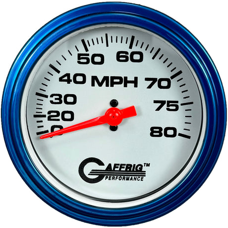 GAFFRIG 3 3/8 INCH MECHANICAL DRY SPEEDOMETER 80 MPH - HEAD ONLY WHITE / STEP RIM (008) / WHITE