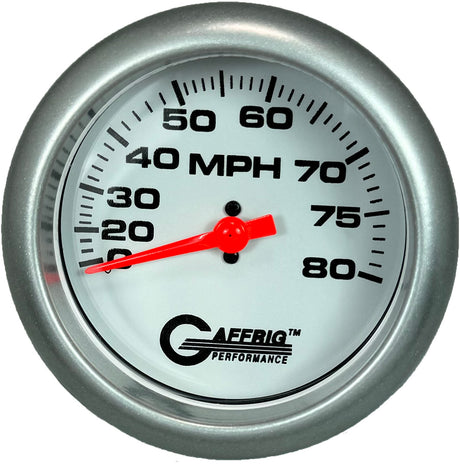 GAFFRIG 3 3/8 INCH MECHANICAL DRY SPEEDOMETER 80 MPH - HEAD ONLY WHITE / STEP RIM (008) / WHITE