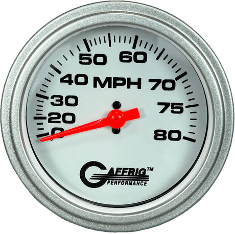 GAFFRIG 3 3/8 INCH MECHANICAL DRY SPEEDOMETER 80 MPH - HEAD ONLY WHITE / STEP RIM (008) / WHITE