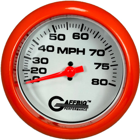 GAFFRIG 3 3/8 INCH MECHANICAL DRY SPEEDOMETER 80 MPH - HEAD ONLY WHITE / STEP RIM (008) / WHITE