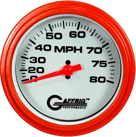 GAFFRIG 3 3/8 INCH MECHANICAL DRY SPEEDOMETER 80 MPH - HEAD ONLY WHITE / STEP RIM (008) / WHITE