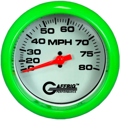 GAFFRIG 3 3/8 INCH MECHANICAL DRY SPEEDOMETER 80 MPH - HEAD ONLY WHITE / STEP RIM (008) / WHITE