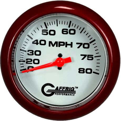 GAFFRIG 3 3/8 INCH MECHANICAL DRY SPEEDOMETER 80 MPH - HEAD ONLY WHITE / STEP RIM (008) / WHITE