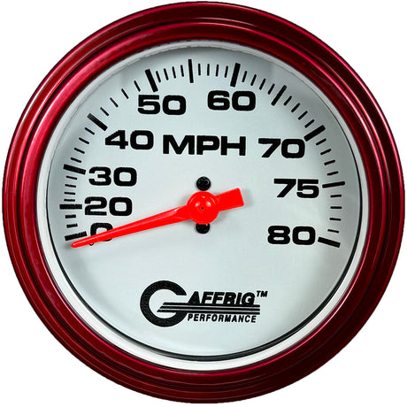 GAFFRIG 3 3/8 INCH MECHANICAL DRY SPEEDOMETER 80 MPH - HEAD ONLY WHITE / STEP RIM (008) / WHITE