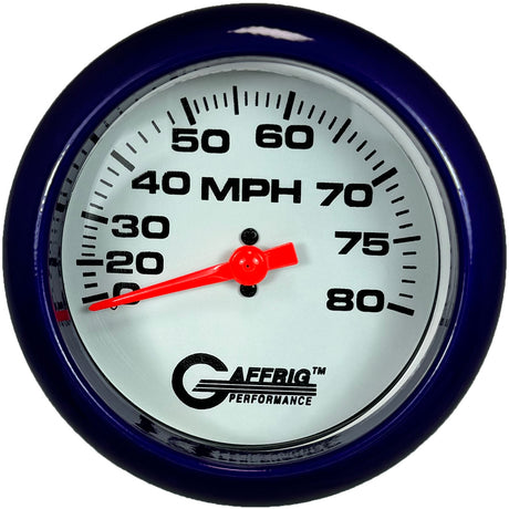 GAFFRIG 3 3/8 INCH MECHANICAL DRY SPEEDOMETER 80 MPH - HEAD ONLY WHITE / STEP RIM (008) / WHITE