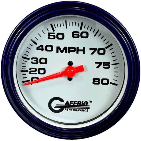 GAFFRIG 3 3/8 INCH MECHANICAL DRY SPEEDOMETER 80 MPH - HEAD ONLY WHITE / STEP RIM (008) / WHITE