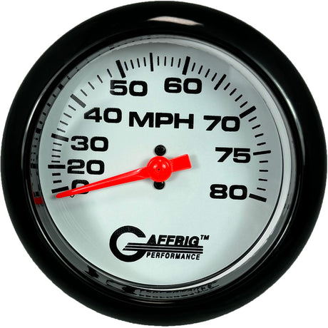 GAFFRIG 3 3/8 INCH MECHANICAL DRY SPEEDOMETER 80 MPH - HEAD ONLY WHITE / STEP RIM (008) / WHITE