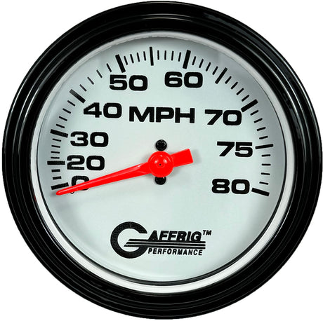 GAFFRIG 3 3/8 INCH MECHANICAL DRY SPEEDOMETER 80 MPH - HEAD ONLY WHITE / STEP RIM (008) / WHITE