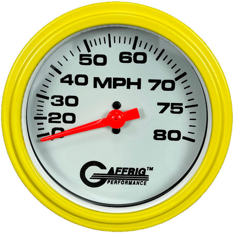 GAFFRIG 3 3/8 INCH MECHANICAL DRY SPEEDOMETER 80 MPH - HEAD ONLY WHITE / STEP RIM (008) / WHITE