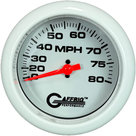 GAFFRIG 3 3/8 INCH MECHANICAL DRY SPEEDOMETER 80 MPH - HEAD ONLY WHITE / STEP RIM (008) / WHITE