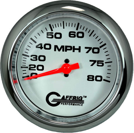 GAFFRIG 3 3/8 INCH MECHANICAL DRY SPEEDOMETER 80 MPH - HEAD ONLY WHITE / STEP RIM (008) / WHITE