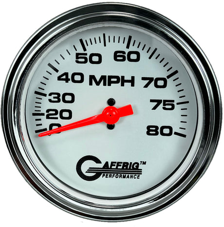 GAFFRIG 3 3/8 INCH MECHANICAL DRY SPEEDOMETER 80 MPH - HEAD ONLY WHITE / STEP RIM (008) / WHITE