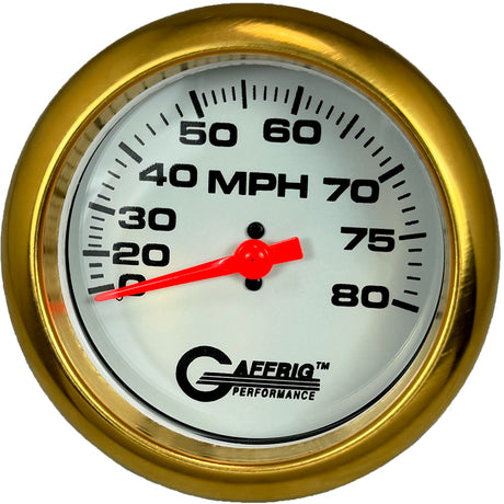 GAFFRIG 3 3/8 INCH MECHANICAL DRY SPEEDOMETER 80 MPH - HEAD ONLY WHITE / STEP RIM (008) / WHITE