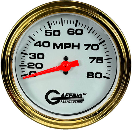 GAFFRIG 3 3/8 INCH MECHANICAL DRY SPEEDOMETER 80 MPH - HEAD ONLY WHITE / STEP RIM (008) / WHITE