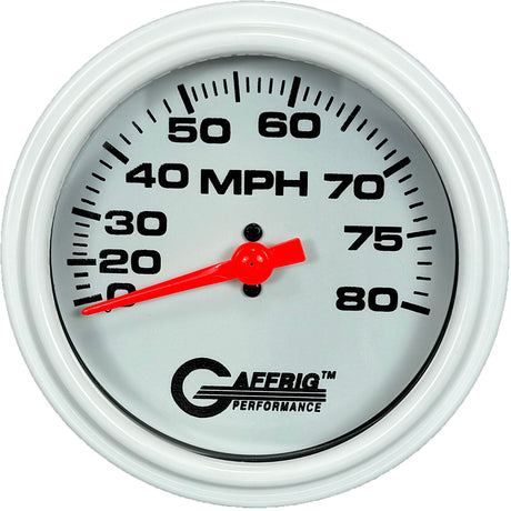 GAFFRIG 3 3/8 INCH MECHANICAL DRY SPEEDOMETER 80 MPH - HEAD ONLY WHITE / STEP RIM (008) / WHITE