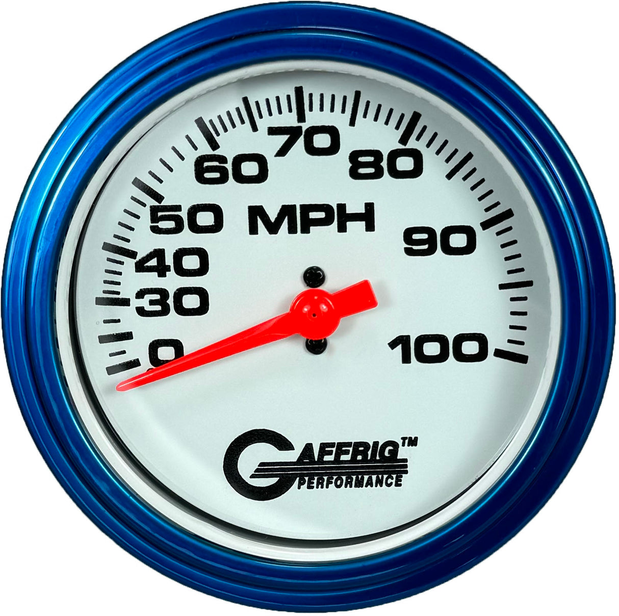 GAFFRIG 3 3/8 INCH MECHANICAL DRY SPEEDOMETER 100 MPH - HEAD ONLY WHITE / STEP RIM (008) / BLUE