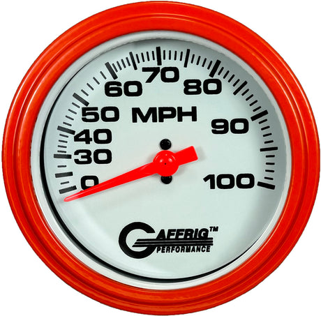 GAFFRIG 3 3/8 INCH MECHANICAL DRY SPEEDOMETER 100 MPH - HEAD ONLY WHITE / STEP RIM (008) / ORANGE