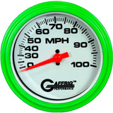 GAFFRIG 3 3/8 INCH MECHANICAL DRY SPEEDOMETER 100 MPH - HEAD ONLY WHITE / STEP RIM (008) / LIME GREEN