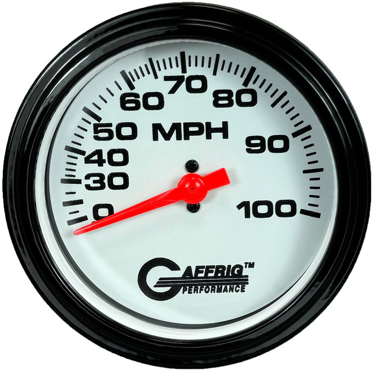 GAFFRIG 3 3/8 INCH MECHANICAL DRY SPEEDOMETER 100 MPH - HEAD ONLY WHITE / STEP RIM (008) / BLACK