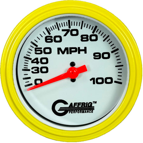 GAFFRIG 3 3/8 INCH MECHANICAL DRY SPEEDOMETER 100 MPH - HEAD ONLY WHITE / STEP RIM (008) / YELLOW