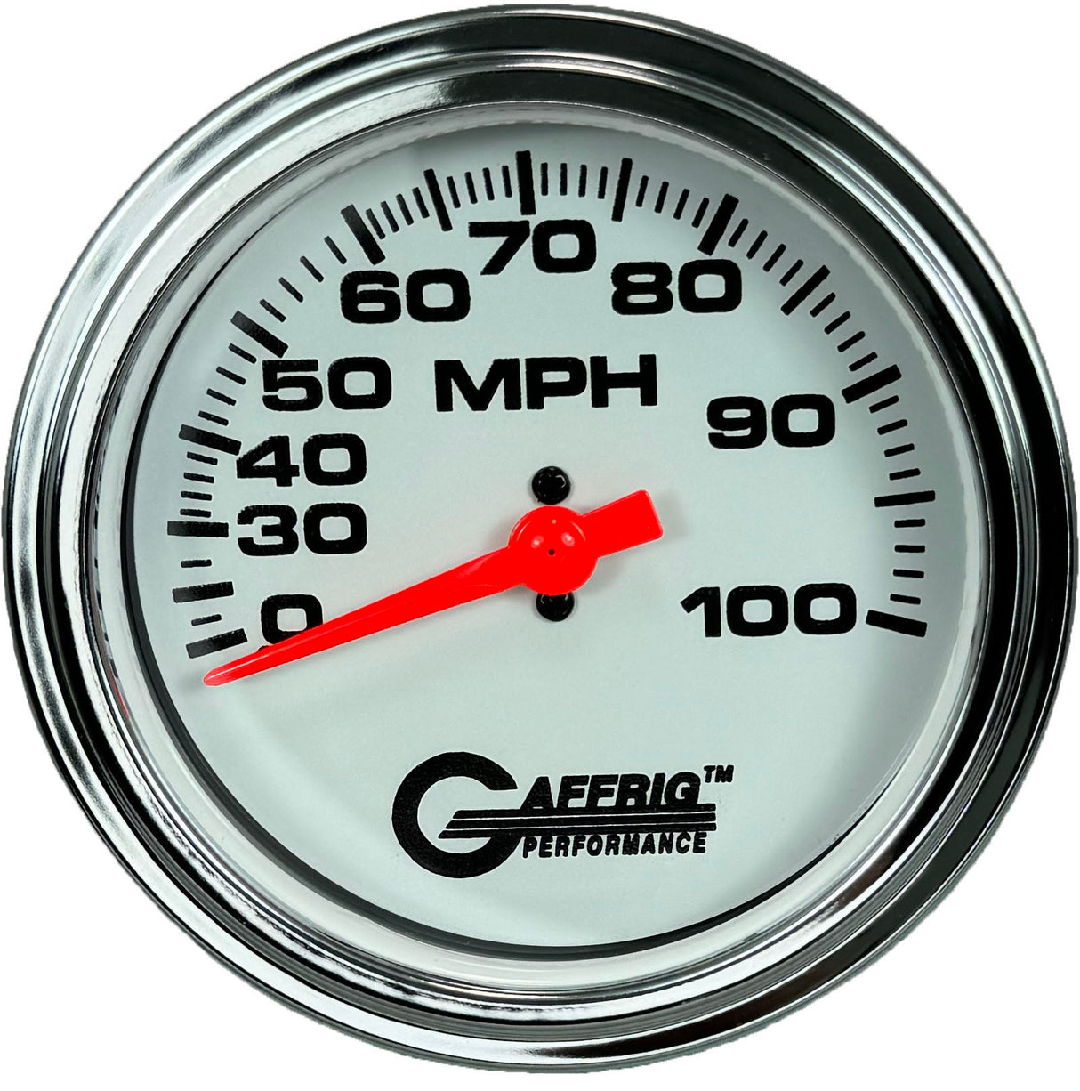 GAFFRIG 3 3/8 INCH MECHANICAL DRY SPEEDOMETER 100 MPH - HEAD ONLY WHITE / STEP RIM (008) / POLISHED/CHROME