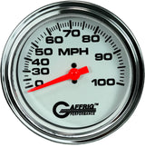 GAFFRIG 3 3/8 INCH MECHANICAL DRY SPEEDOMETER 100 MPH - HEAD ONLY WHITE / STEP RIM (008) / POLISHED/CHROME