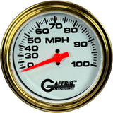 GAFFRIG 3 3/8 INCH MECHANICAL DRY SPEEDOMETER 100 MPH - HEAD ONLY WHITE / STEP RIM (008) / GOLD