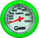 GAFFRIG 3 3/8 INCH MECHANICAL DRY SPEEDOMETER 100 MPH - HEAD ONLY WHITE / FAT RIM (338) / LIME GREEN