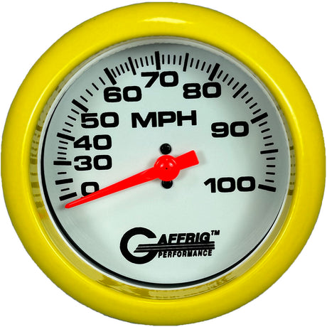 GAFFRIG 3 3/8 INCH MECHANICAL DRY SPEEDOMETER 100 MPH - HEAD ONLY WHITE / FAT RIM (338) / YELLOW