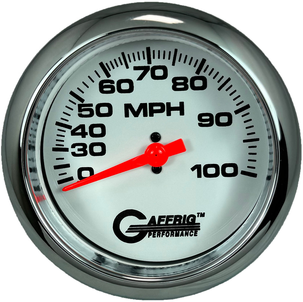 GAFFRIG 3 3/8 INCH MECHANICAL DRY SPEEDOMETER 100 MPH - HEAD ONLY WHITE / FAT RIM (338) / POLISHED/CHROME