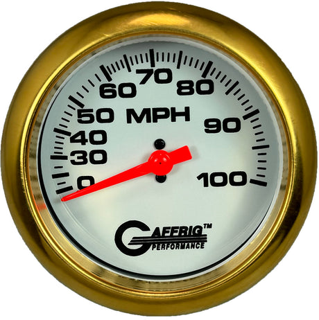 GAFFRIG 3 3/8 INCH MECHANICAL DRY SPEEDOMETER 100 MPH - HEAD ONLY WHITE / FAT RIM (338) / GOLD