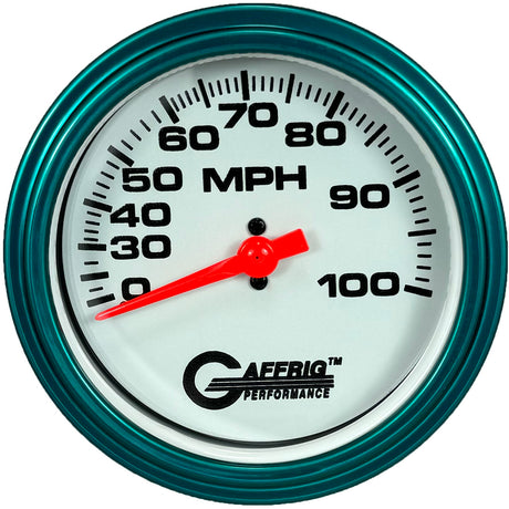 GAFFRIG 3 3/8 INCH MECHANICAL DRY SPEEDOMETER 100 MPH KIT WHITE / STEP RIM (008) / TEAL