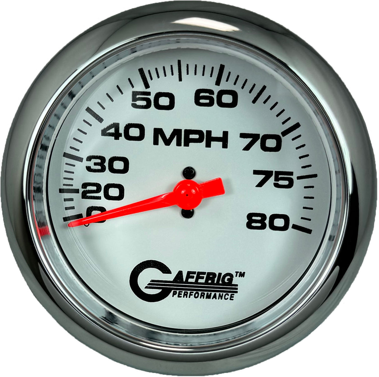 GAFFRIG 3 3/8 INCH MECHANICAL DRY SPEEDOMETER 80 MPH KIT WHITE / FAT RIM (338) / POLISHED/CHROME