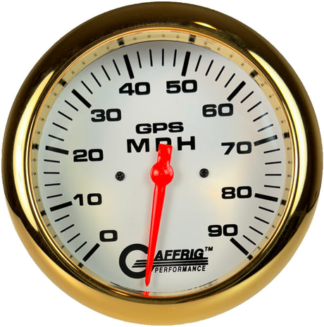 GAFFRIG 4 5/8 INCH GPS ANALOG SPEEDOMETER KIT - WHITE FAT RIM (458) / GOLD / 90 MPH