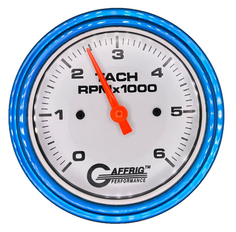 GAFFRIG 3 3/8 INCH TACHOMETER GAUGE 6000 & 8000 WHITE STEP RIM (008) / BLUE / 6000