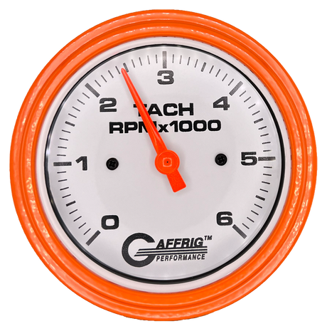 GAFFRIG 3 3/8 INCH TACHOMETER GAUGE 6000 & 8000 WHITE STEP RIM (008) / ORANGE / 6000