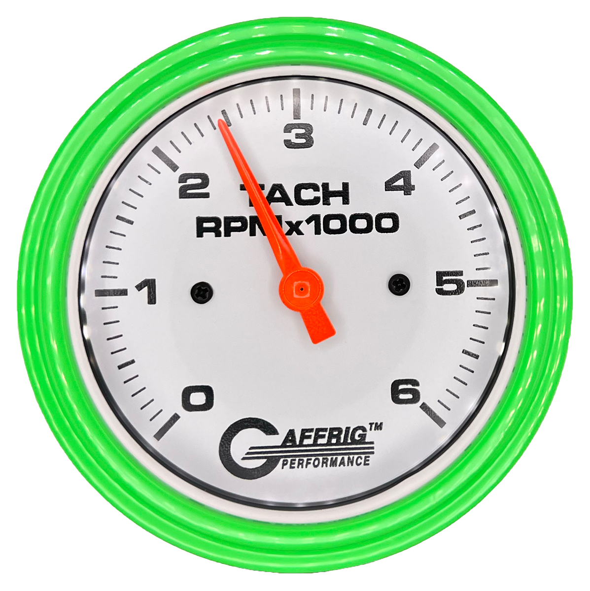 GAFFRIG 3 3/8 INCH TACHOMETER GAUGE 6000 & 8000 WHITE STEP RIM (008) / LIME GREEN / 6000