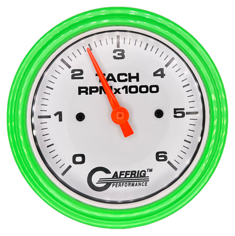 GAFFRIG 3 3/8 INCH TACHOMETER GAUGE 6000 & 8000 WHITE STEP RIM (008) / LIME GREEN / 6000